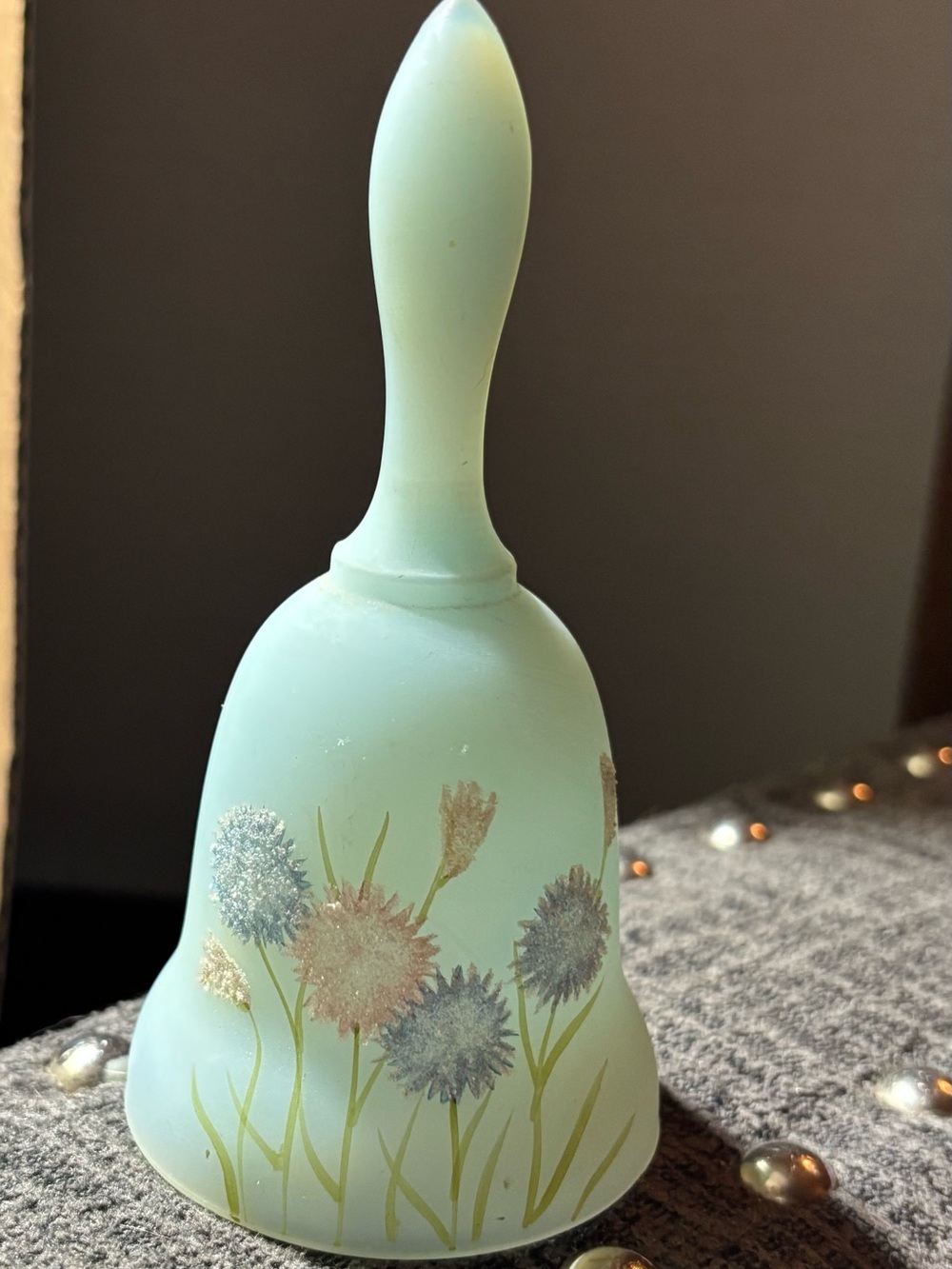 Fenton Frosted Asters on Blue Satin #1760FA  Petite Bell-ARTIST SIGNED pre-owned